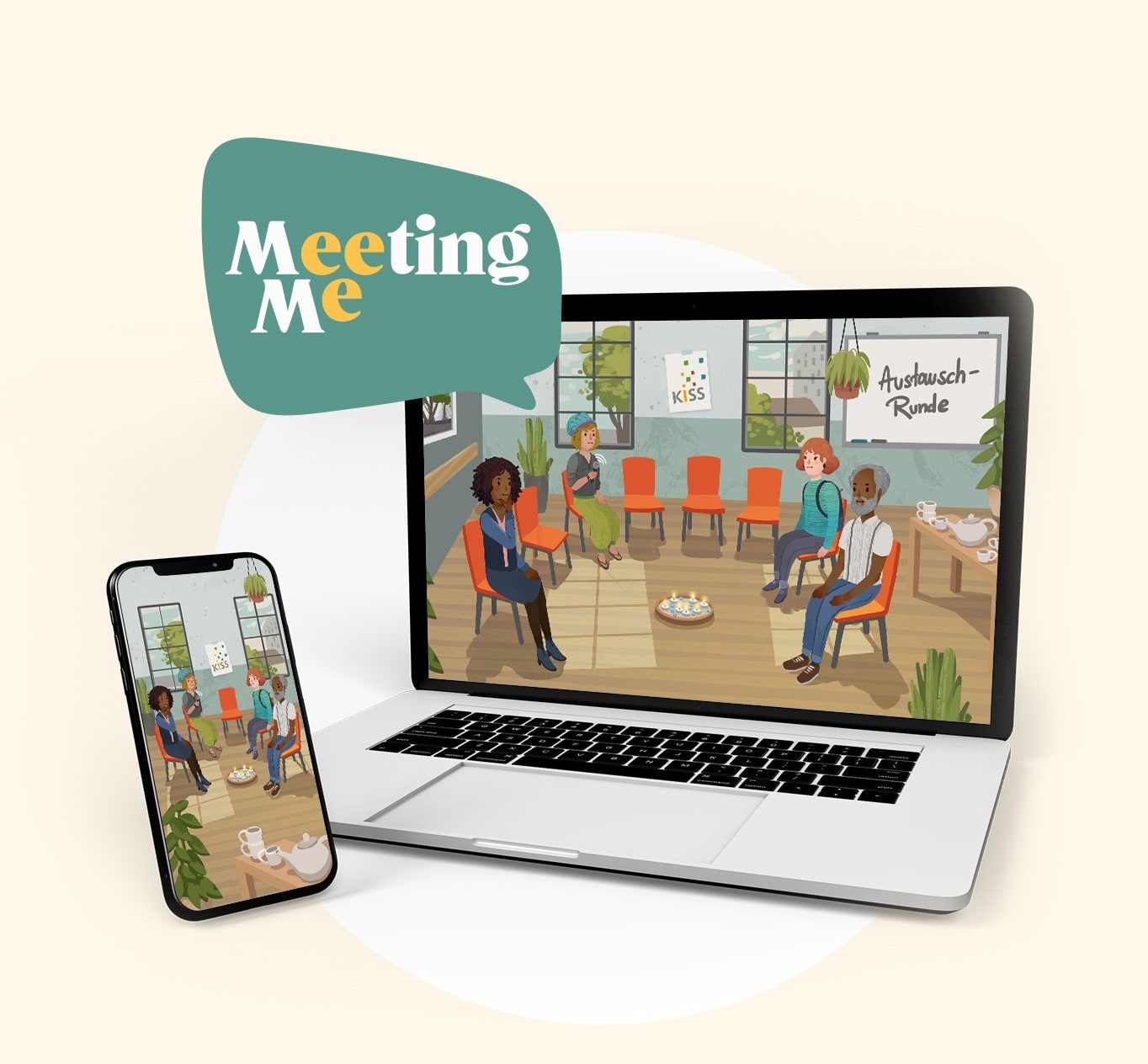 EIn Laptop und ein Smartphone, auf deren Bildschirmen jeweils ein gezeichneter Stuhlkreis mit vier Teilnehmer*innen zu sehen ist. Dazu der Text "Meeting Me".